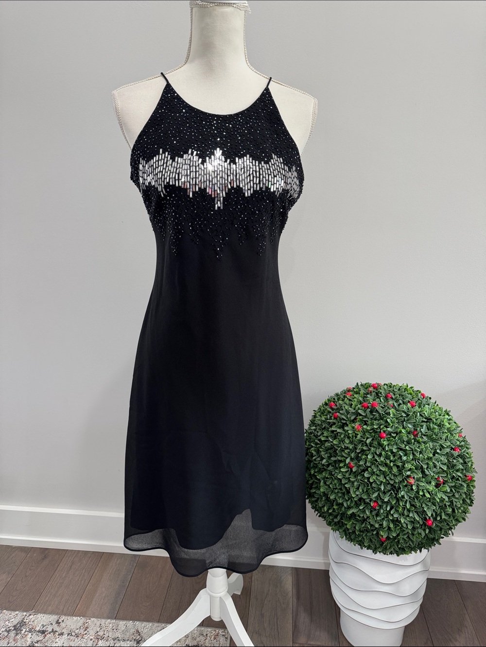 VTG Cachet Cocktail Dress 6 Black Silver Beaded Halter Midi Disco Whimsigoth Y2K